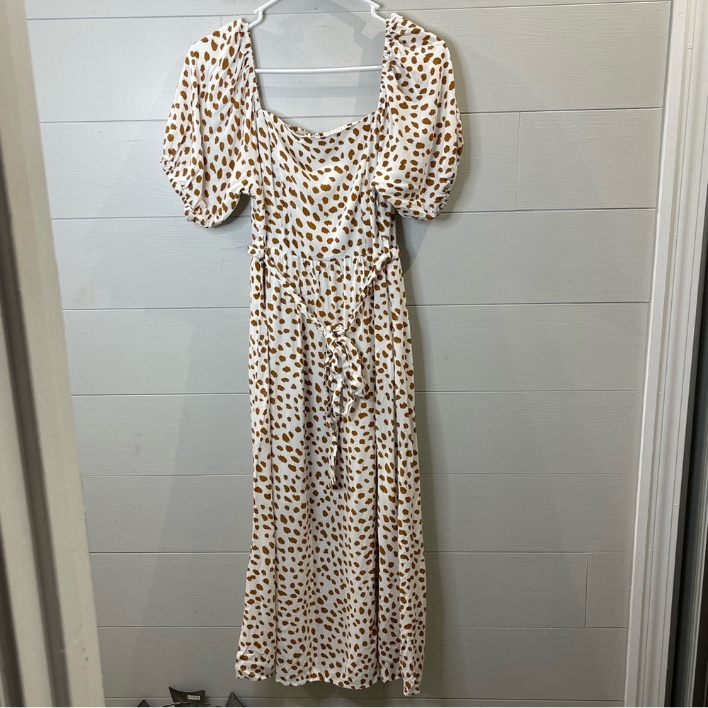 Very J | Women's Elegant Cream and Brown Animal Print Dress Size Medium